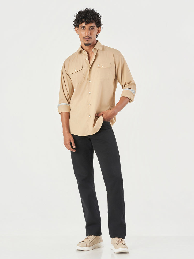Beige Plain Regular Fit Casual Shirt
