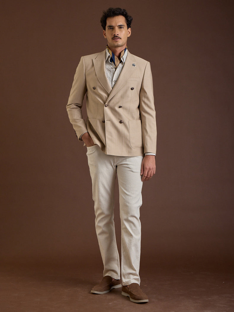 Beige Double-Breasted Slim Fit Jacket