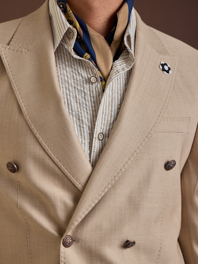 Beige Double-Breasted Slim Fit Jacket