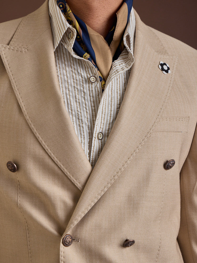 Beige Double-Breasted Slim Fit Jacket