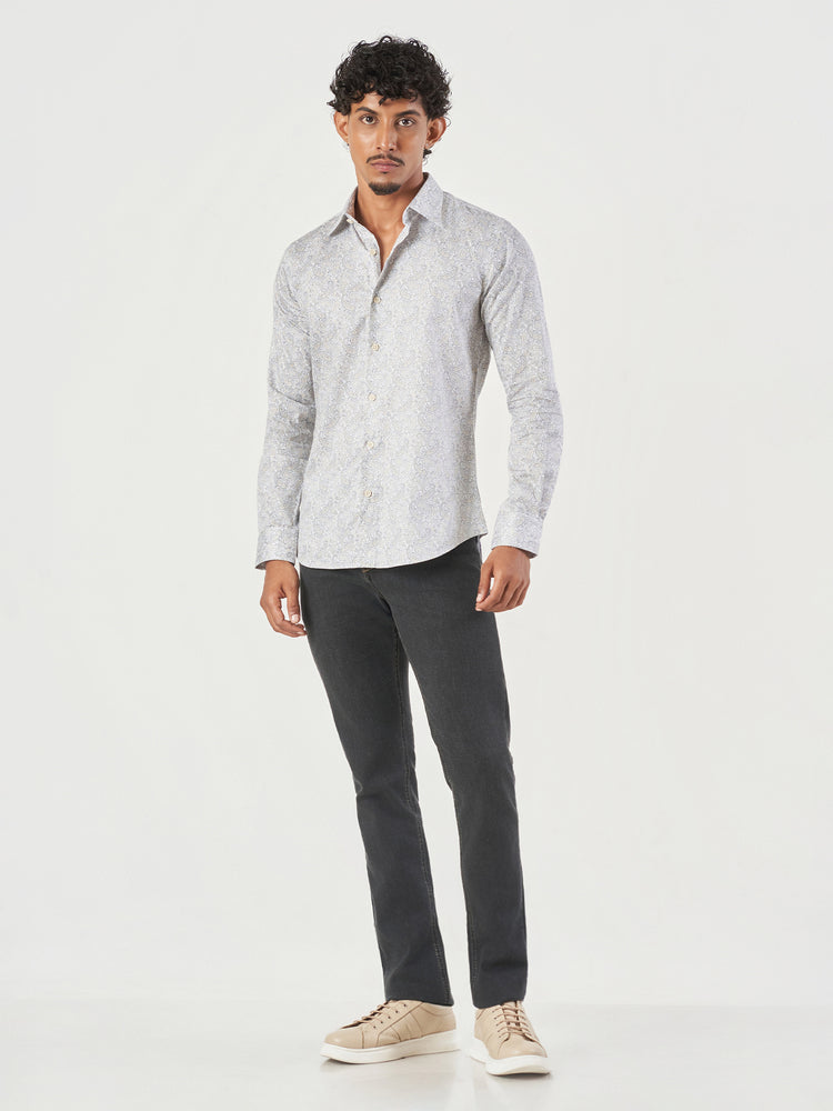 Beige Printed Cotton Slim Fit Casual Shirt