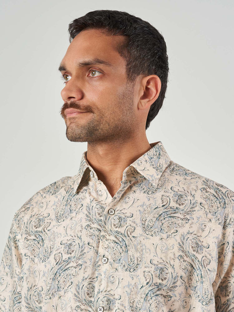 Beige Printed Linen Regular Fit Short Sleeve Shirt