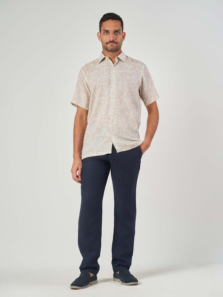 Beige Printed Linen Regular Fit Short Sleeve Shirt