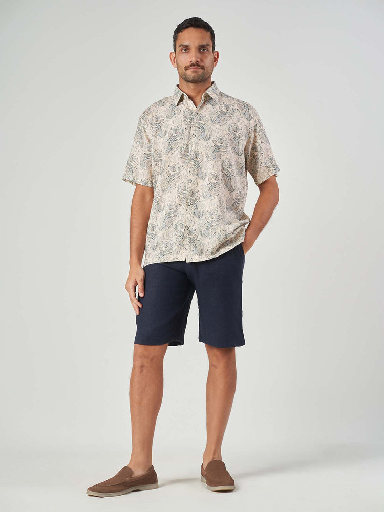 Beige Printed Linen Regular Fit Short Sleeve Shirt