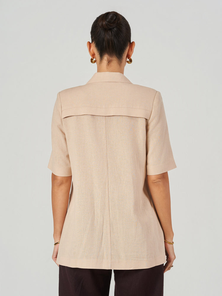 Beige Short Sleeve Linen Blazer