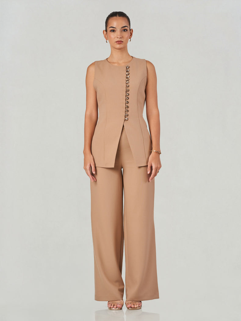 Beige Sleeveless Waistcoat & Wide-Leg Trouser Set