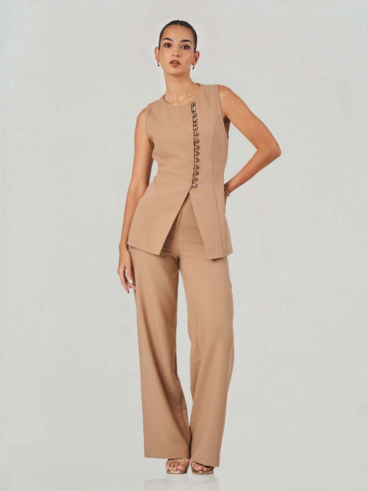 Beige Sleeveless Waistcoat & Wide-Leg Trouser Set