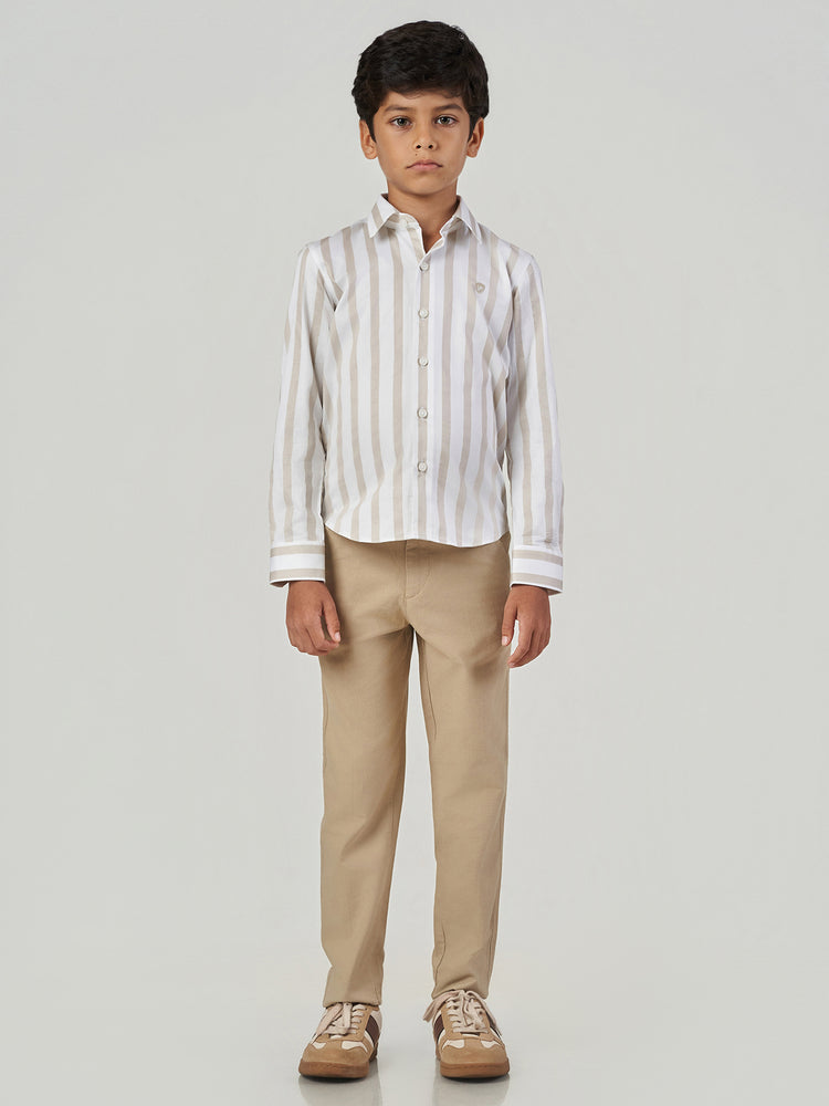 Beige Striped Cotton Long Sleeve Casual Shirt