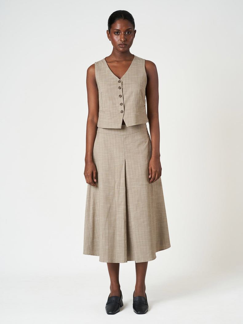 Beige Striped Waistcoat Set with A-Line Midi Skirt