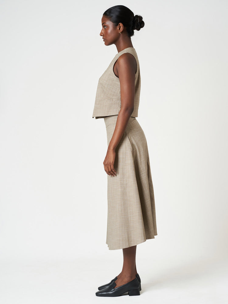Beige Striped Waistcoat Set with A-Line Midi Skirt