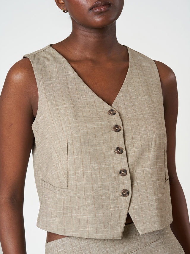 Beige Striped Waistcoat Set with A-Line Midi Skirt