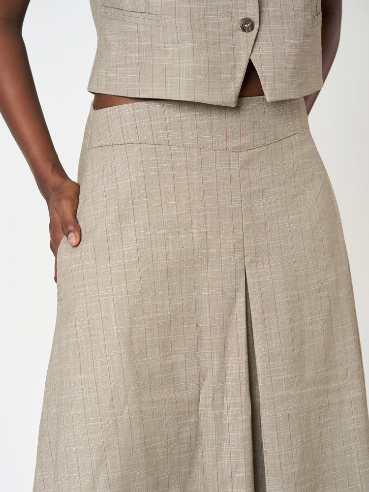Beige Striped Waistcoat Set with A-Line Midi Skirt