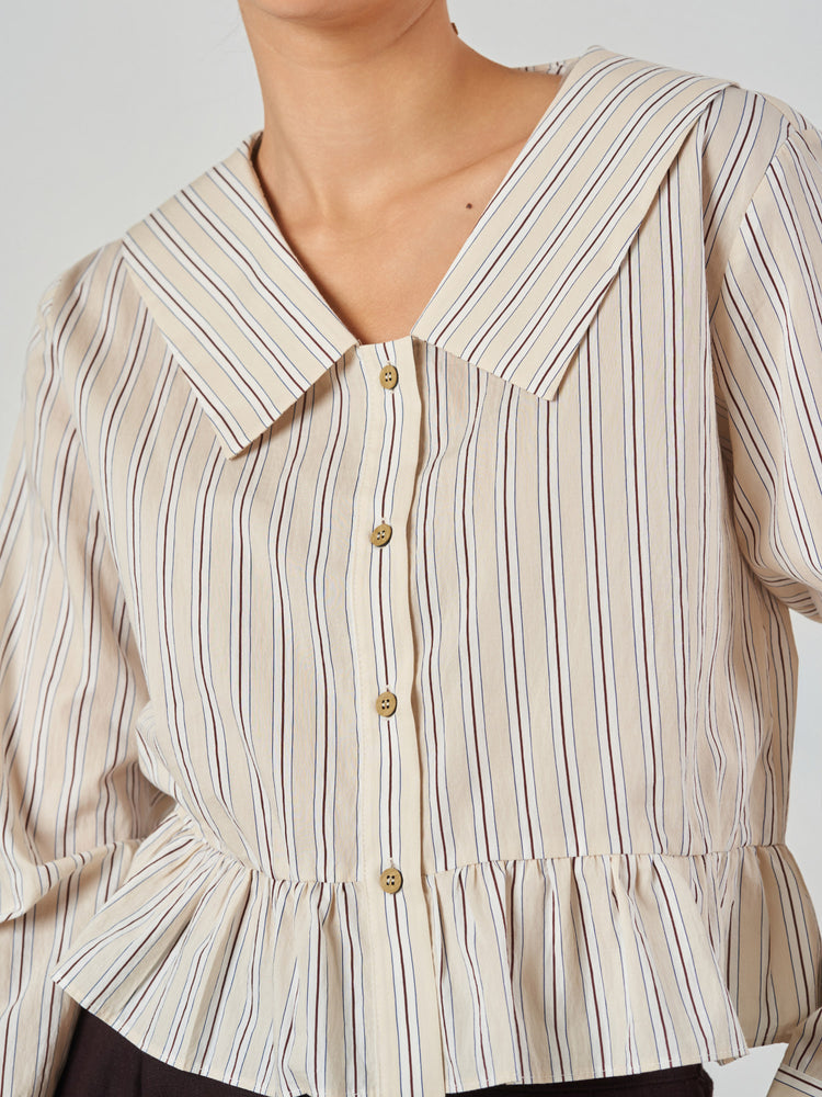 Beige Striped Wide Collar Peplum Blouse