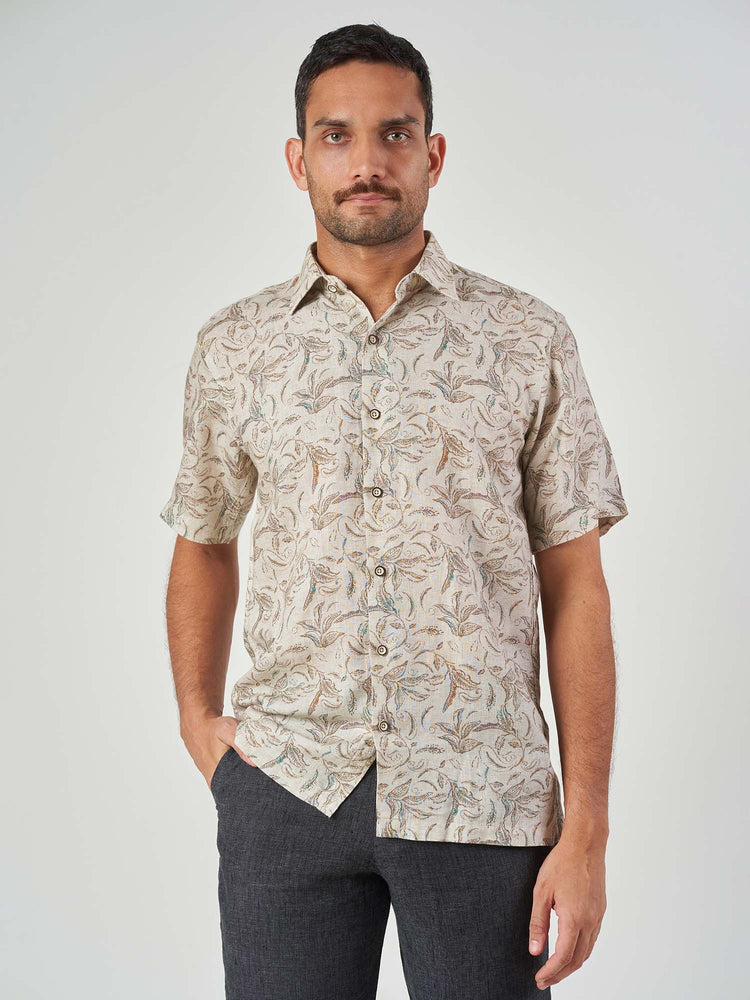 Beige Printed Linen Regular Fit Short Sleeve Shirt