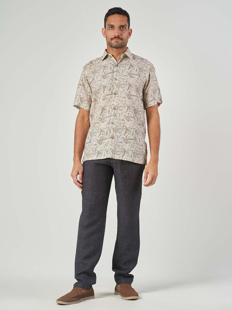 Beige Printed Linen Regular Fit Short Sleeve Shirt