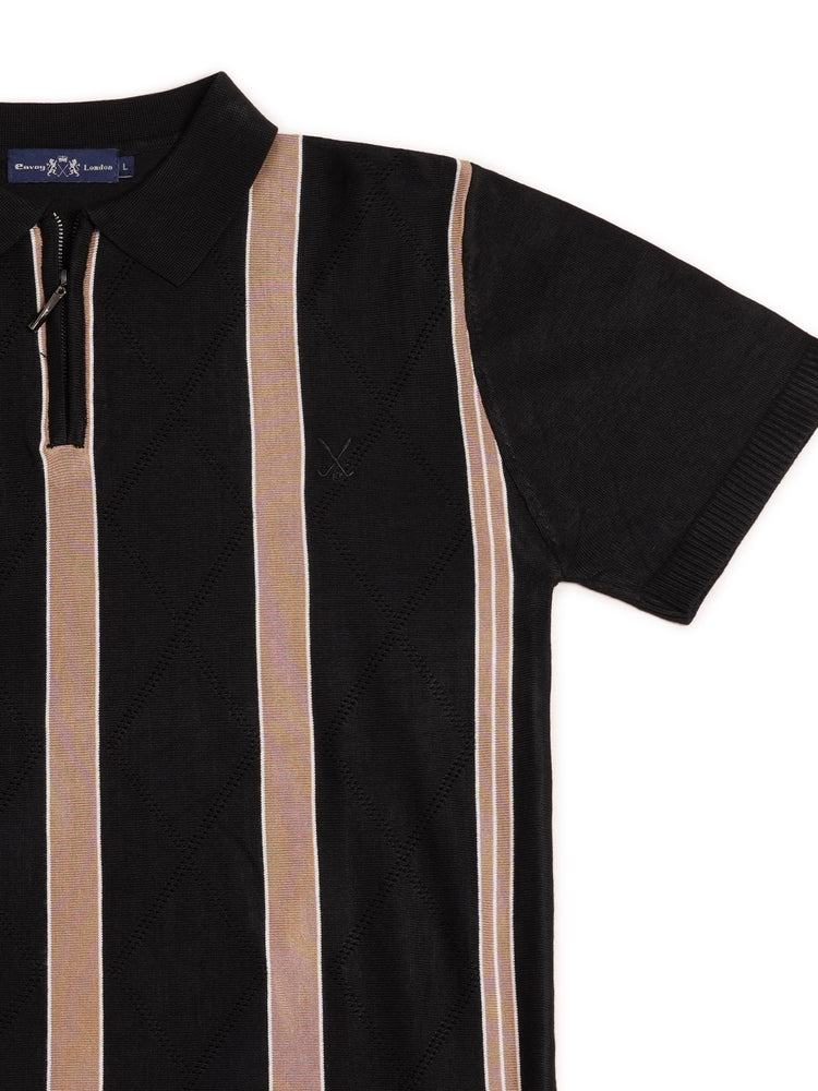 Black Contrast Stripe Geometric Knit Polo Shirt