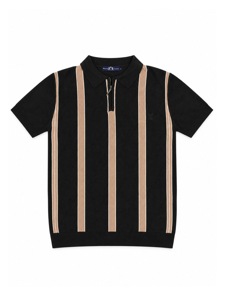 Black Contrast Stripe Geometric Knit Polo Shirt