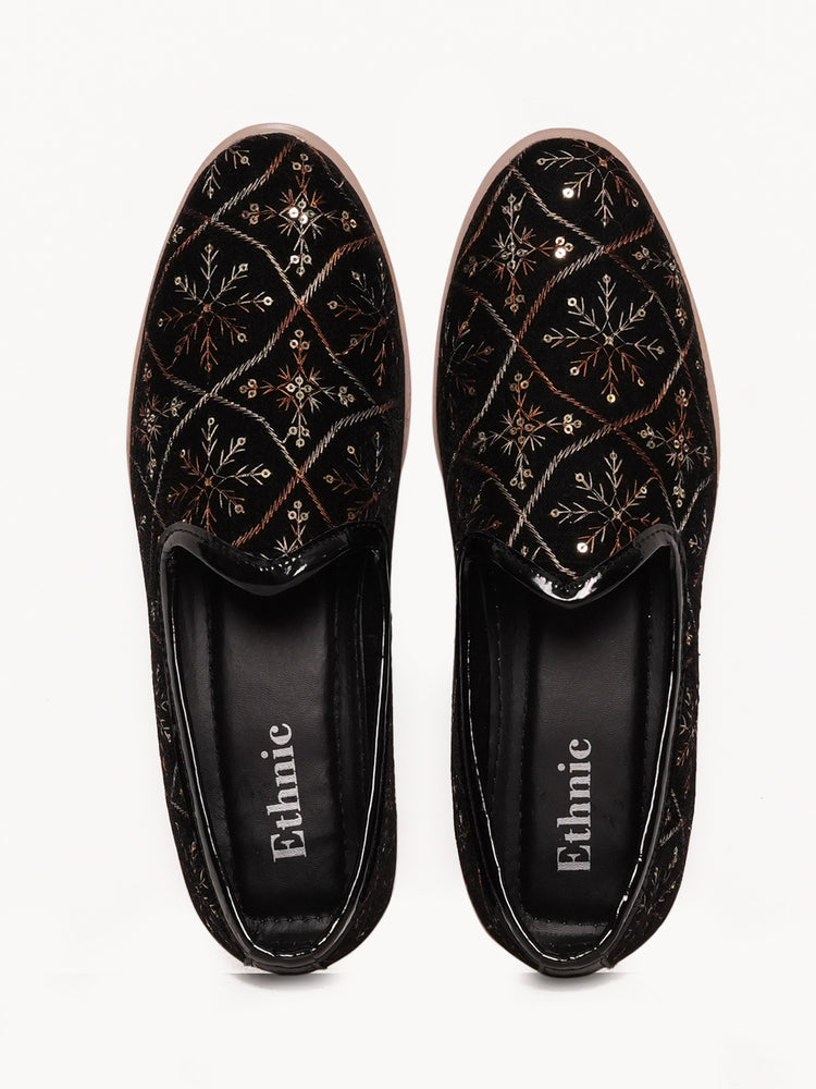 Black Floral Embroidered Ethnic Slip-On Shoes