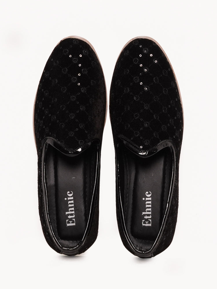 Black Floral Embroidered Ethnic Slip-On Shoes