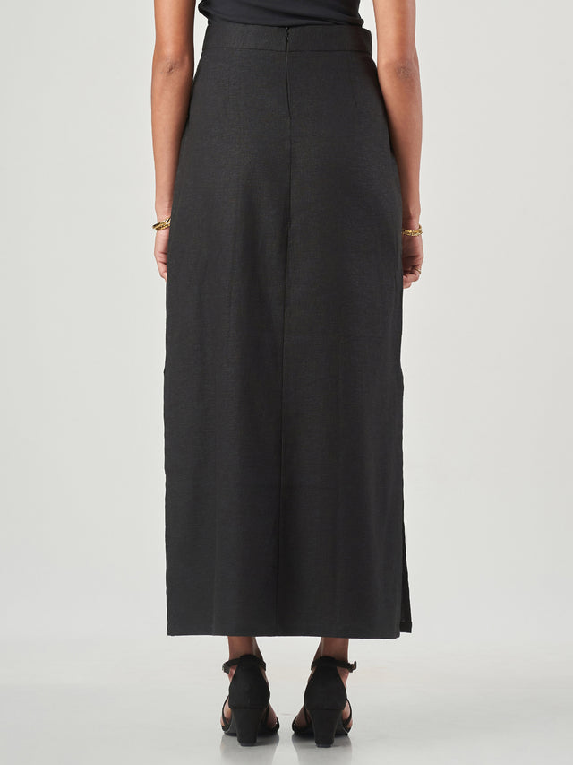 Black Linen Side-Slit Maxi Skirt