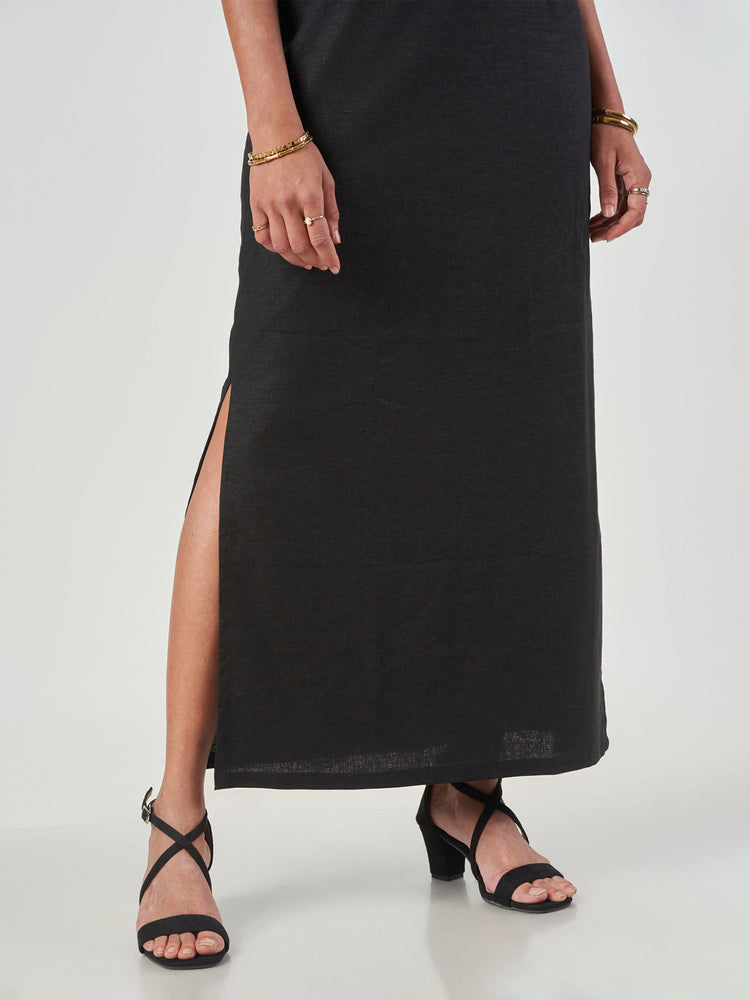 Black Linen Side-Slit Maxi Skirt