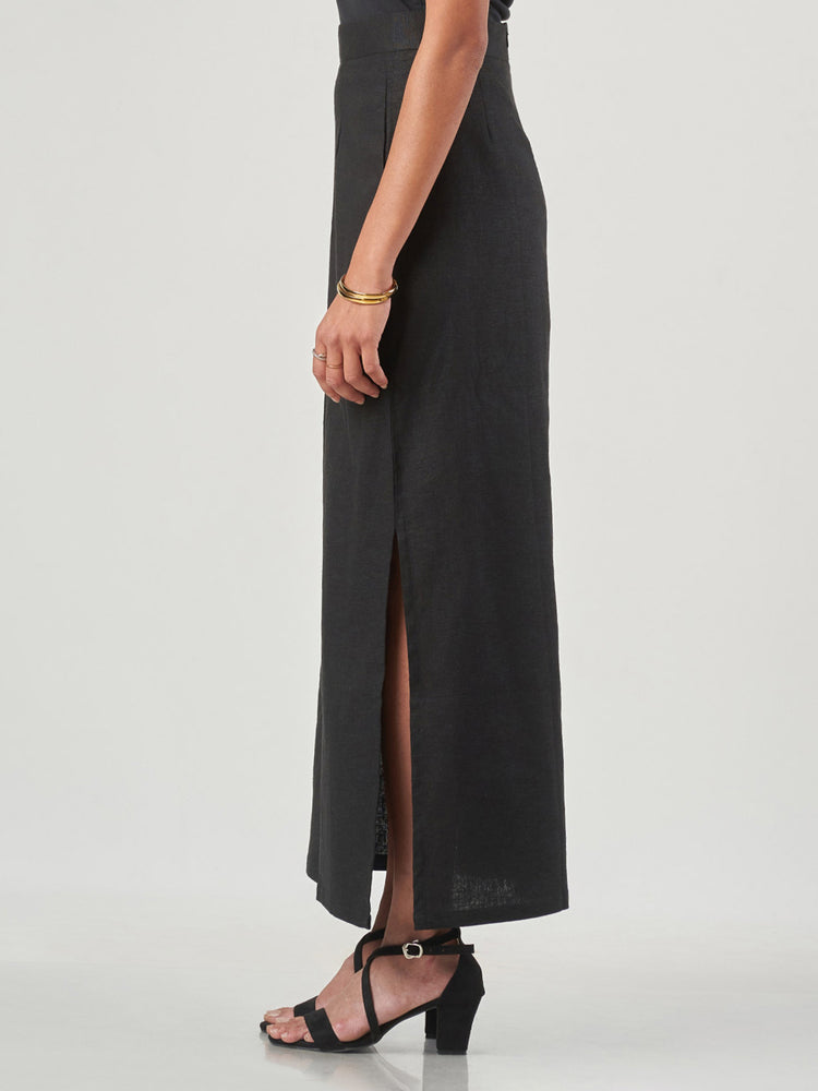 Black Linen Side-Slit Maxi Skirt
