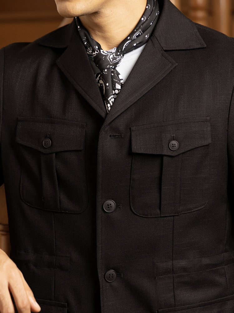 Black Textured Tailored Fit Safari Jacket