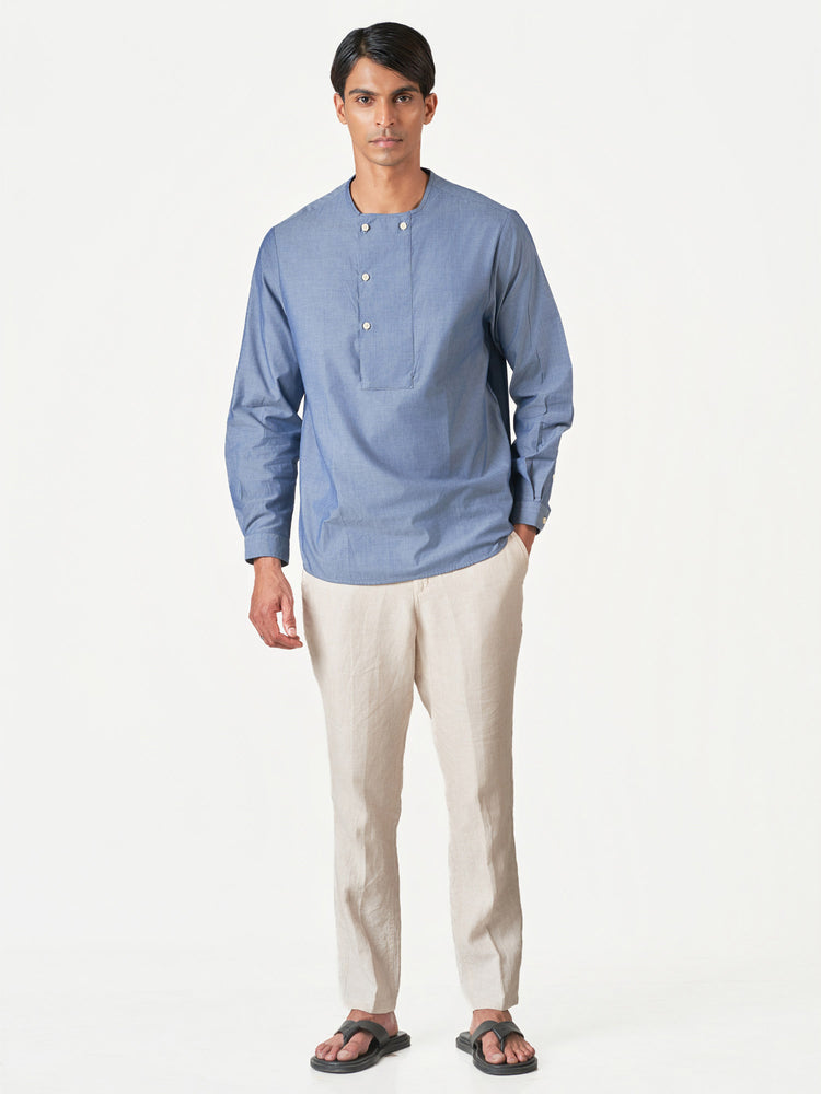 Blue Plain Cotton Casual Kurtha