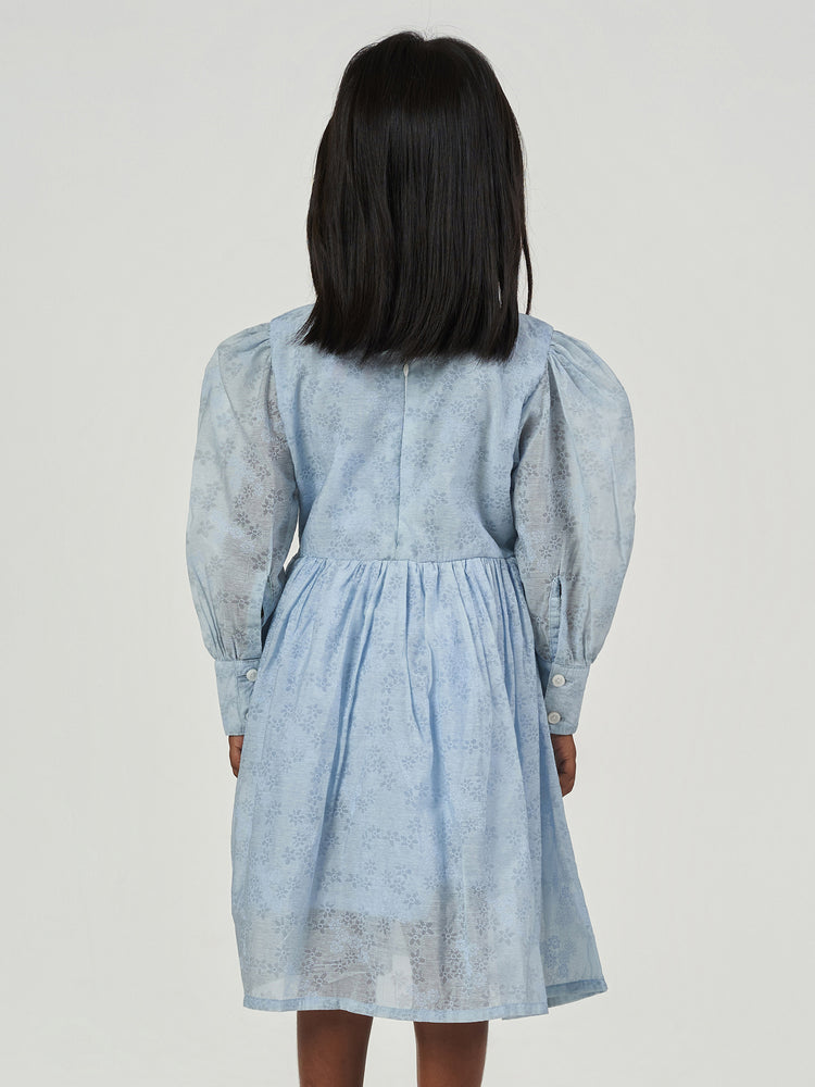 Blue Floral Printed Long Puff Sleeve Frock