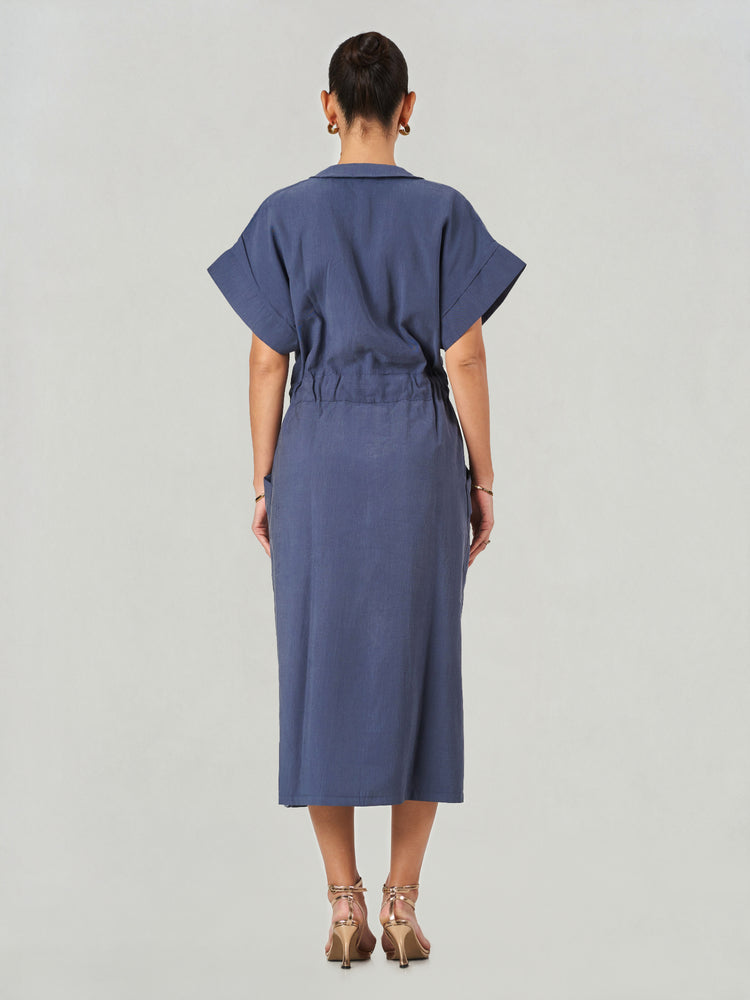 Blue Lyocell Blend Tie Waist Midi Dress