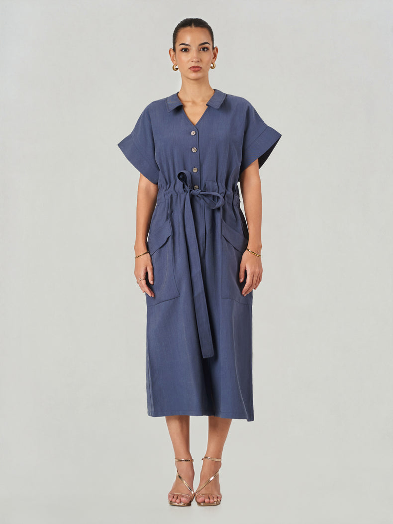 Blue Lyocell Blend Tie Waist Midi Dress