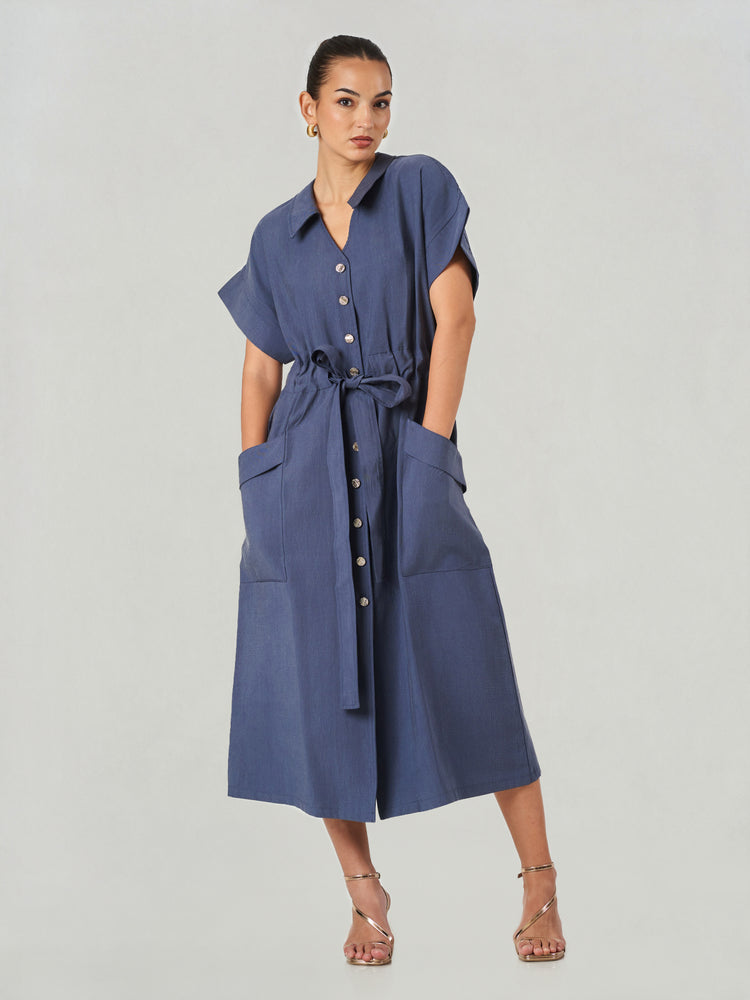Blue Lyocell Blend Tie Waist Midi Dress