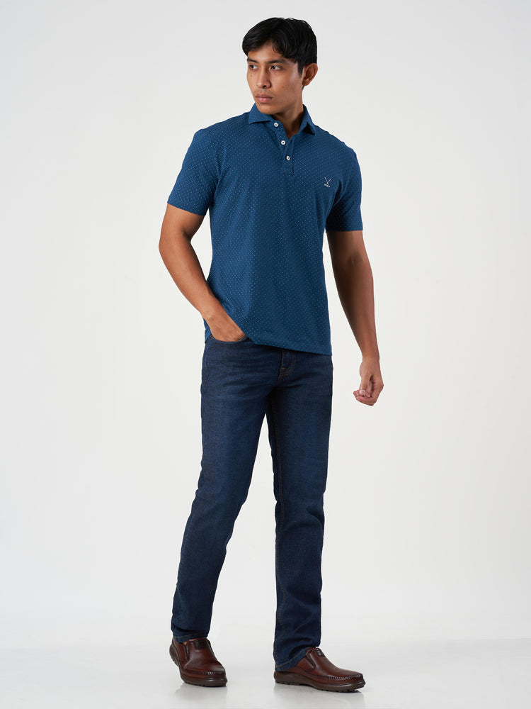 Blue Printed Cotton Lycra Polo T-Shirt