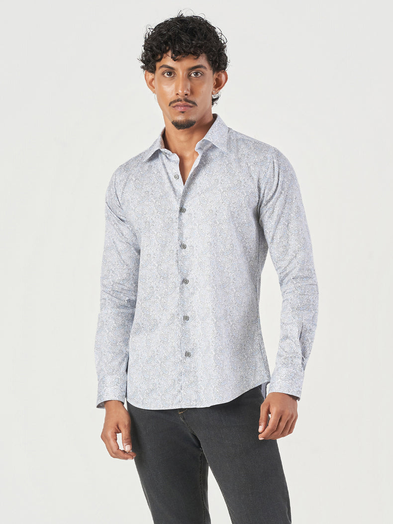 Blue Printed Cotton Slim Fit Casual Shirt
