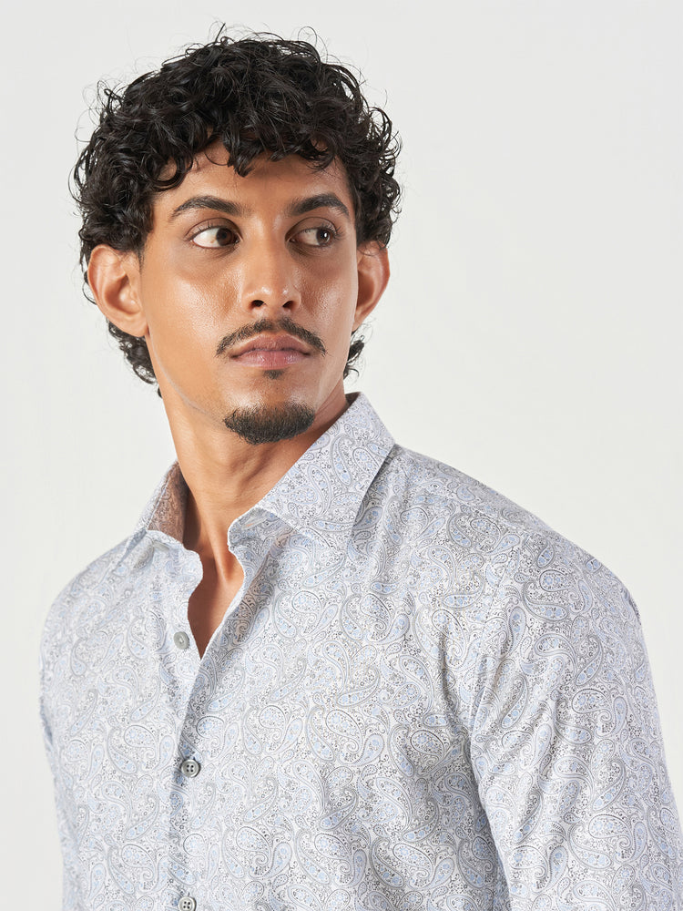 Blue Printed Cotton Slim Fit Casual Shirt