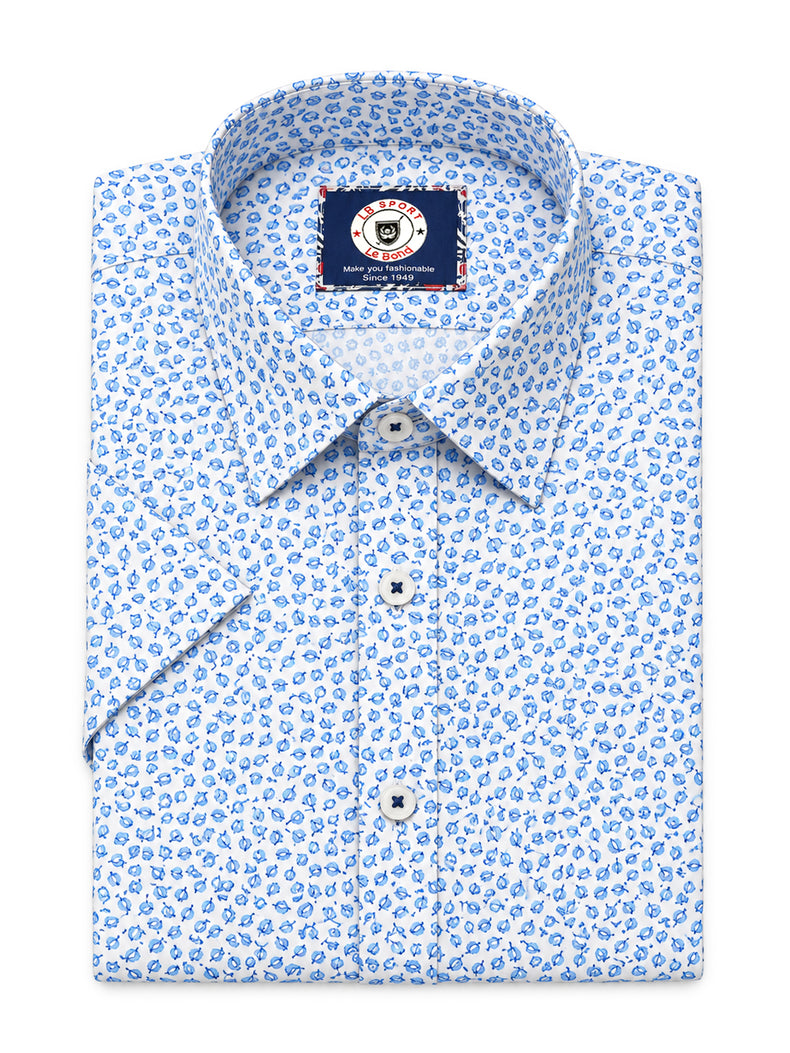 Blue Printed Cotton Slim Fit Shirt