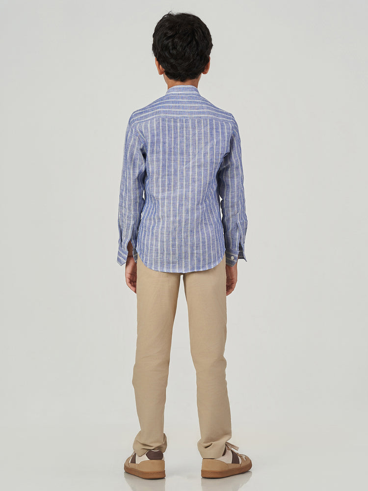 Blue Striped Cotton Linen Long Sleeve Shirt