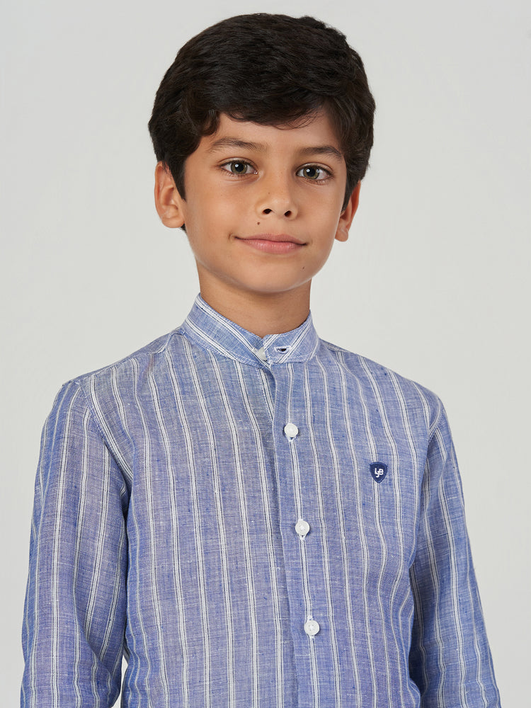 Blue Striped Cotton Linen Long Sleeve Shirt