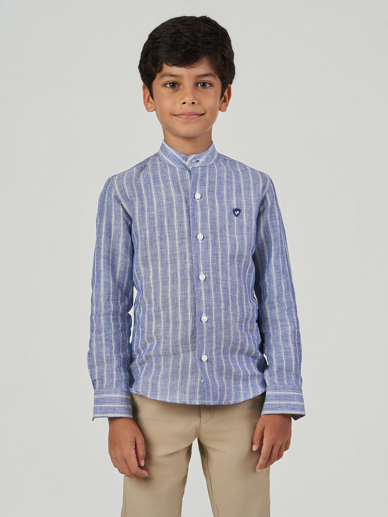 Blue Striped Cotton Linen Long Sleeve Shirt