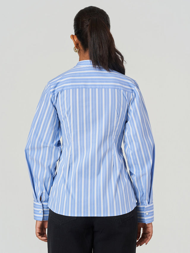Striped Cotton Blend Tunic Collar Shirt