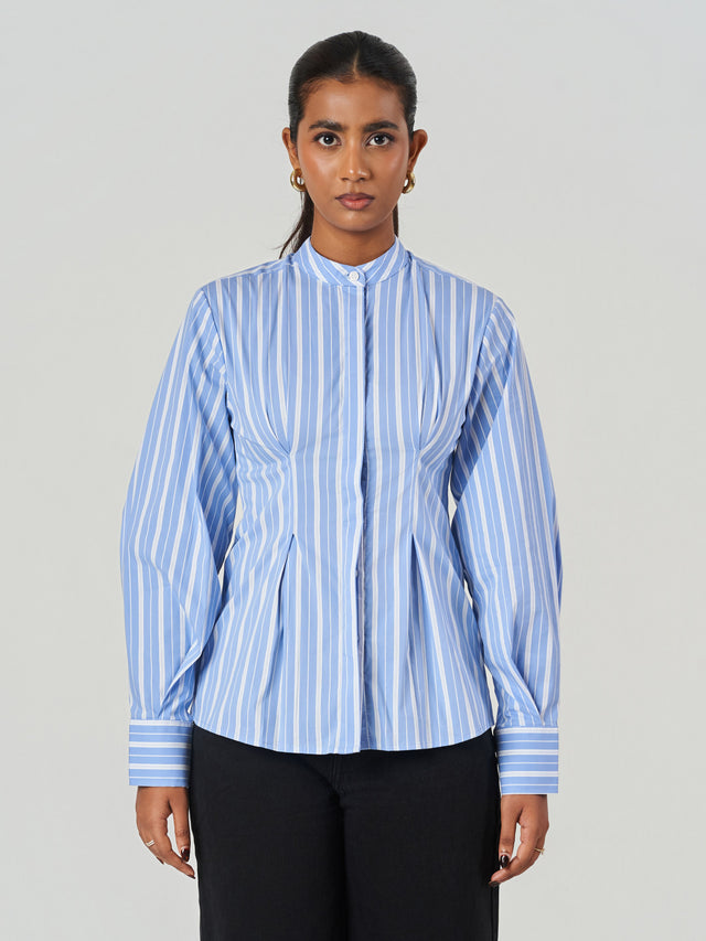 Striped Cotton Blend Tunic Collar Shirt