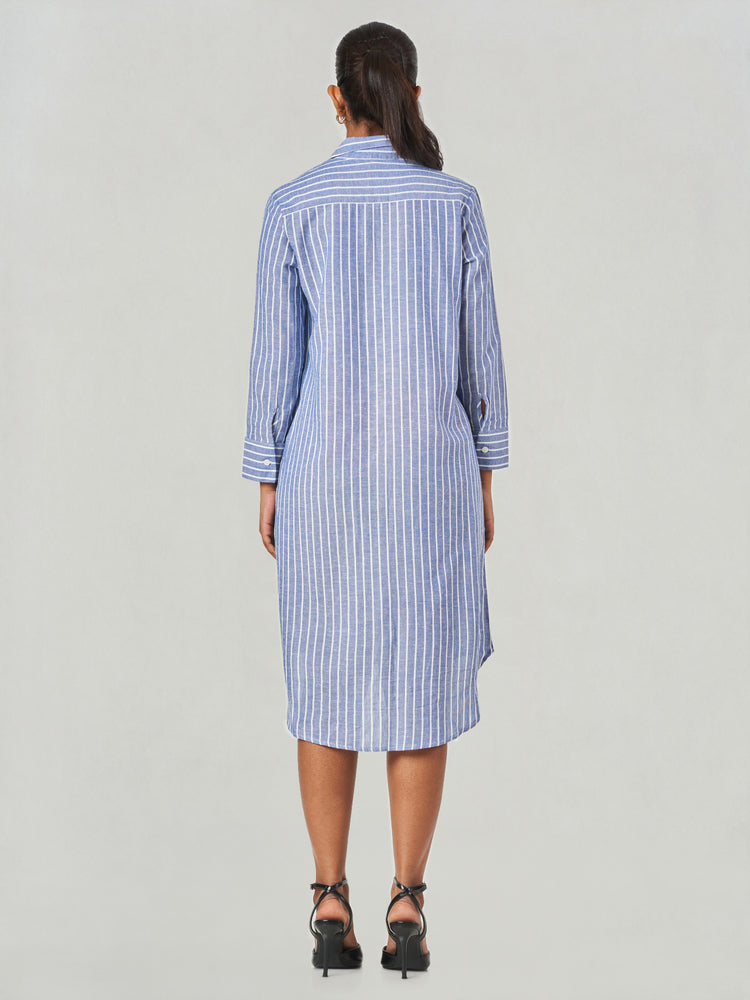Blue Striped Relaxed Fit Midi Shirt Dress