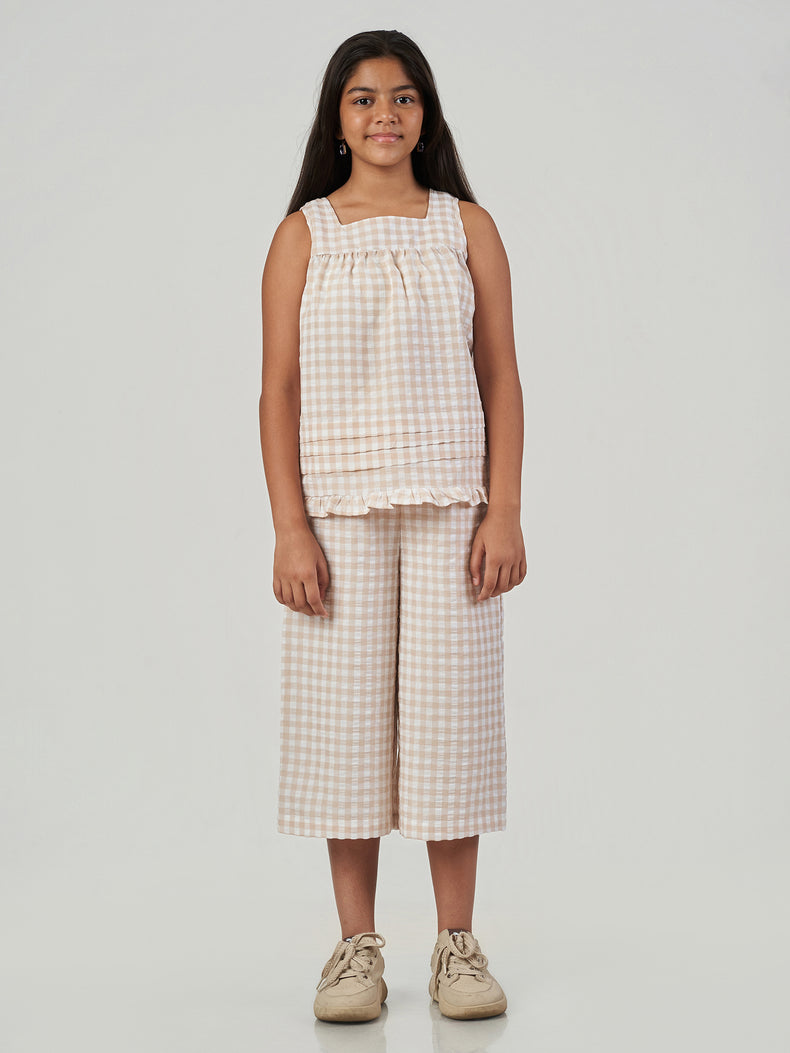 Brown Checked Sleeveless Top and Trouser Set