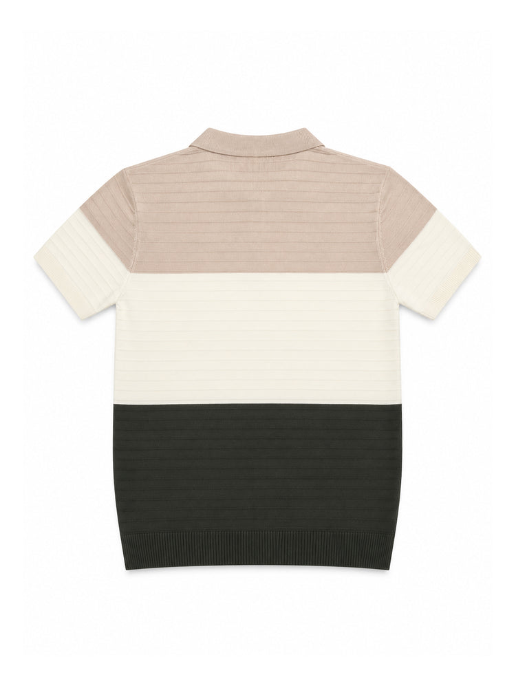 Brown Cream Colour Block Knit Regular Fit Polo Shirt
