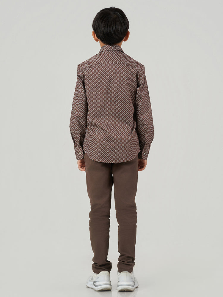 Brown Geometric Printed Cotton Lyocell Long Sleeve Shirt