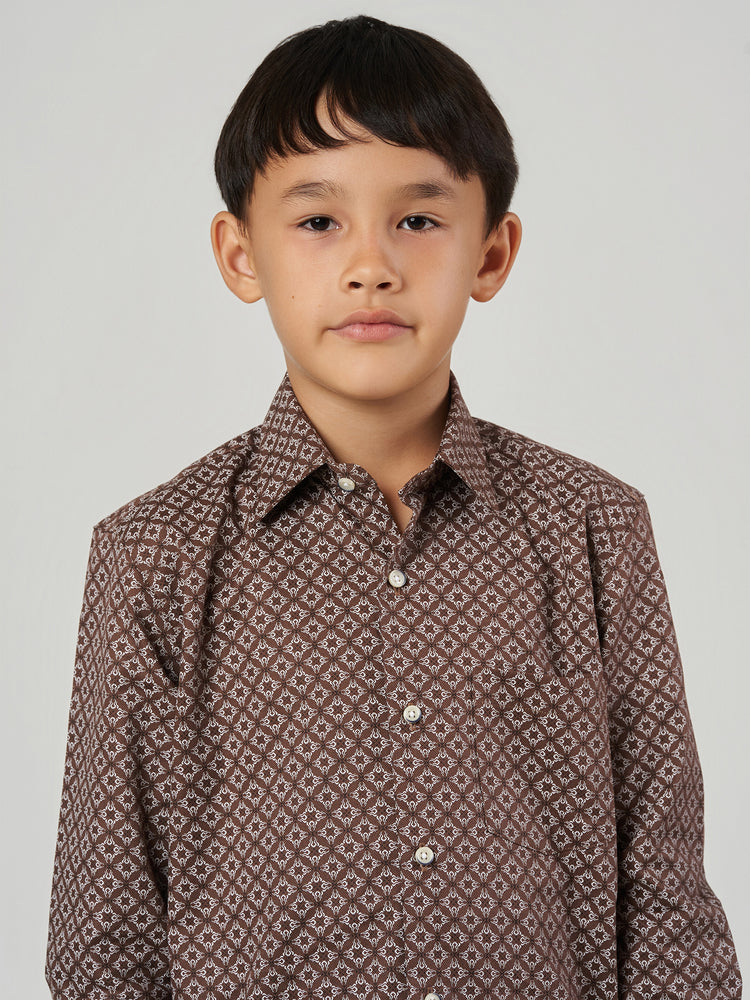 Brown Geometric Printed Cotton Lyocell Long Sleeve Shirt
