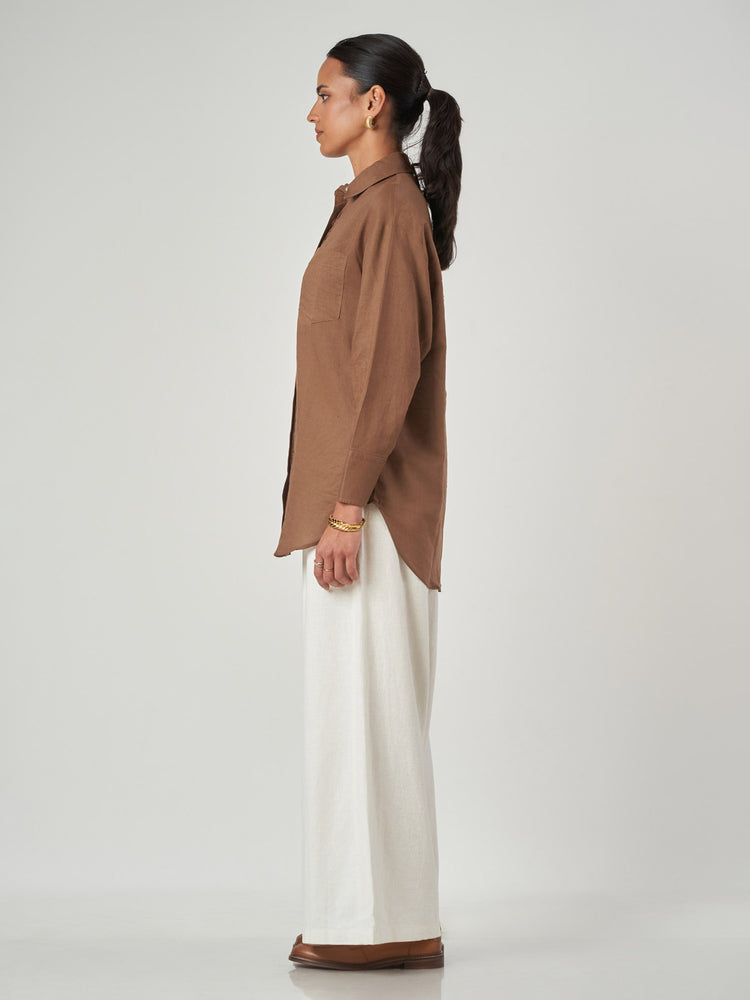 Brown Regular Fit Linen Blend Longline Shirt