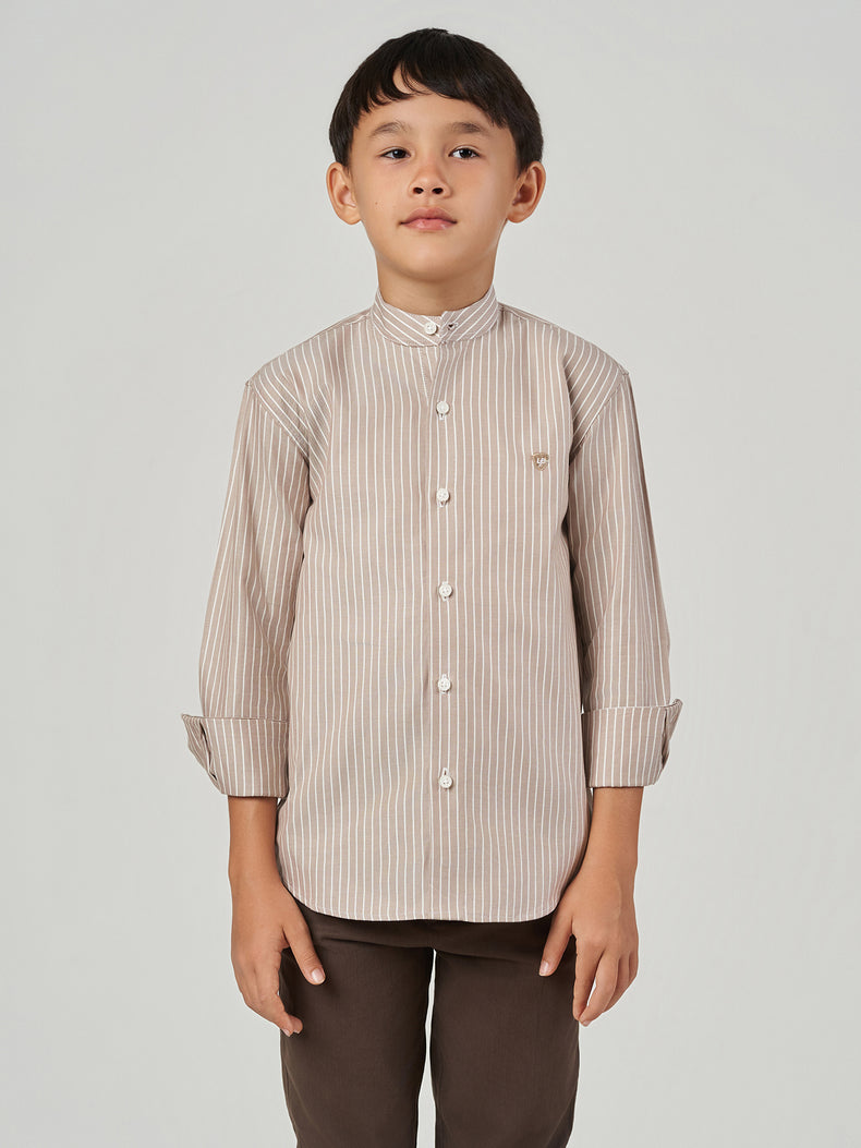 Brown Striped Cotton Linen Tunic Collar Long Sleeve Shirt