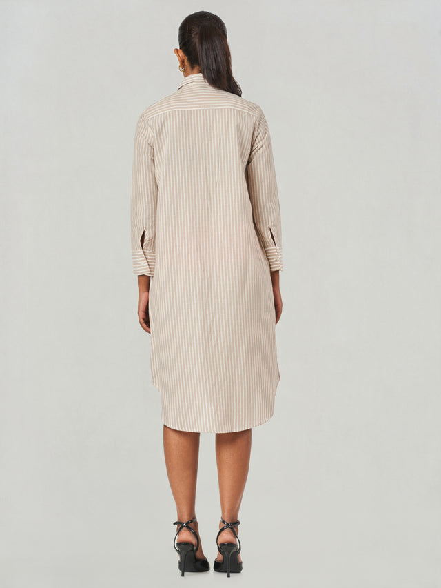 Brown Striped Relaxed Fit Midi Shirt Dress
