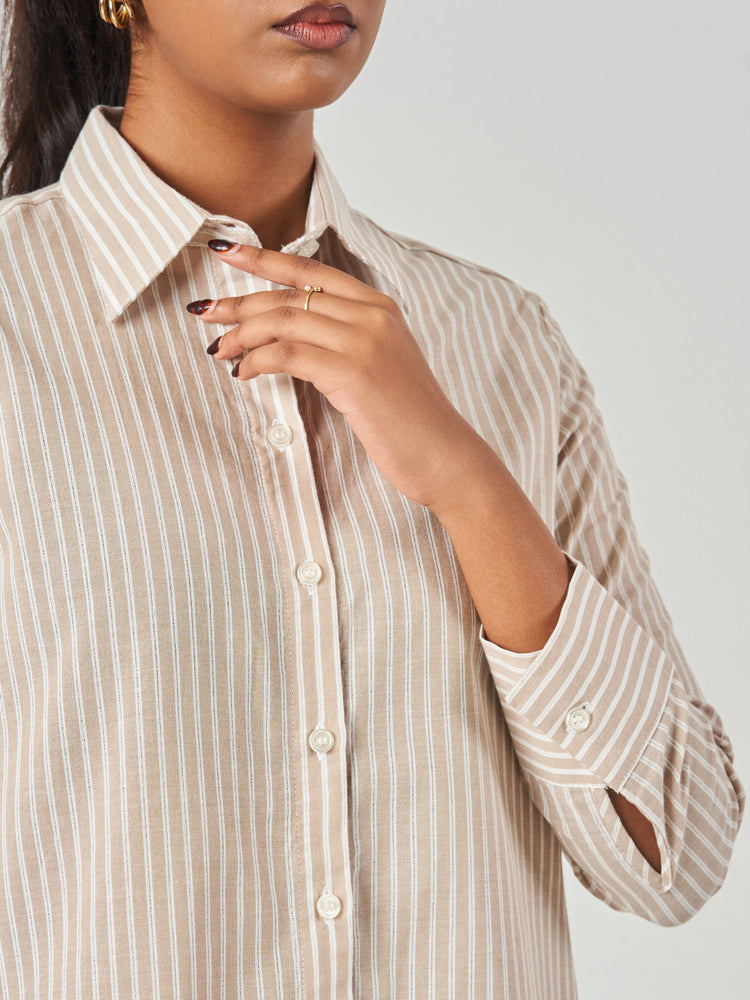 Brown Striped Relaxed Fit Midi Shirt Dress